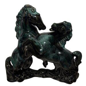 Wyatt Art Pottery Rearing Horses Figure Green Black Drip Glaze 11.75" Canada